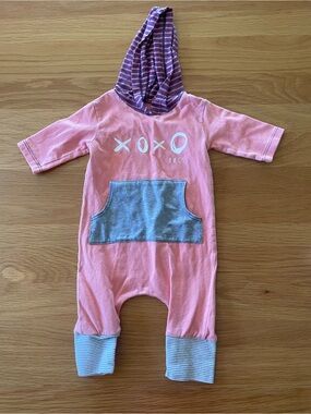 Rags to Raches Pink Hooded One-Piece with Grey Pocket and Striped Hood Lining